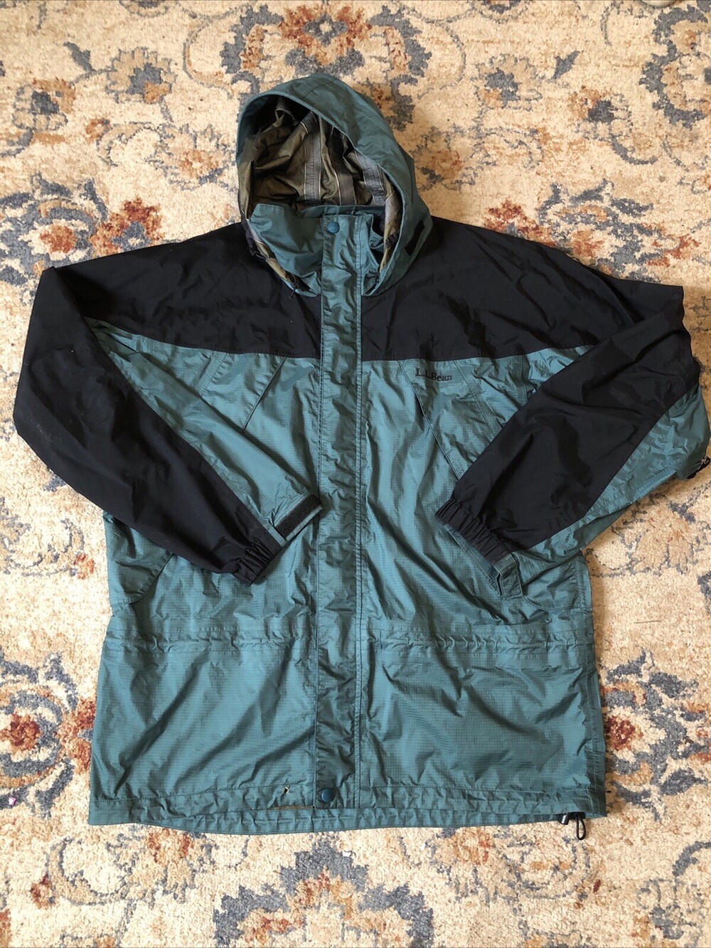 LL Bean Jacket Mens Large Tall Mountain Guide Green Black Hooded Insulated